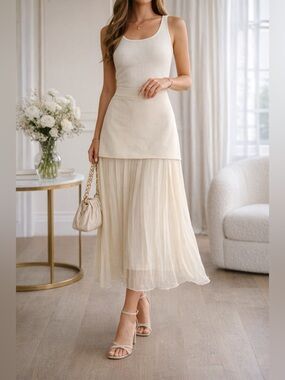 Steve Madden Malvina Cream Midi Skirt Women’s M NWT A-Line Pleated Sheer Overlay